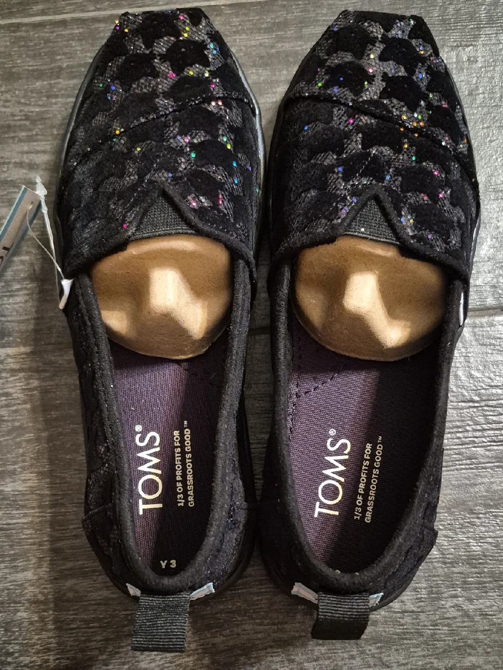 TOMS Black Glitter Crochet Slip-On Flats